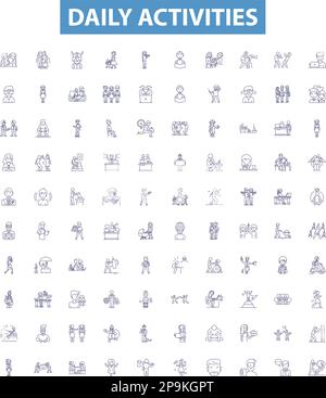 Daily activities line icons, signs set. Routine, Exercise, Work, Study, Commute, Eating, Shopping, Resting, Household outline vector illustrations. Stock Vector