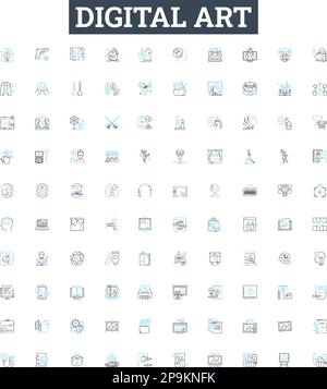 Digital art vector line icons set. Digital, art, graphic, design, illustration, photography, painting illustration outline concept symbols and signs Stock Vector