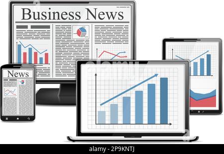 E-Business concept, computers, smartphone and tablet pc with graphs and business news, vector eps10 illustration Stock Vector