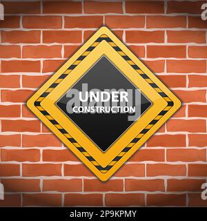Under construction sign on brick wall, vector eps10 illustration Stock Vector
