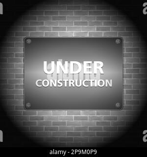 Under construction sign on brick wall, vector eps10 illustration Stock Vector