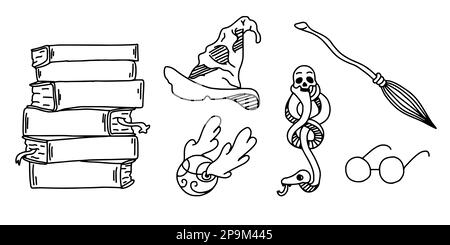 Set of Items. School of magic and sorcery. Vector illustration isolated on white background. Stock Vector