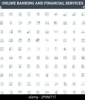 Online banking and financial services vector line icons set. Banking, Online, Financial, Services, Transaction, Payment, Deposit illustration outline Stock Vector