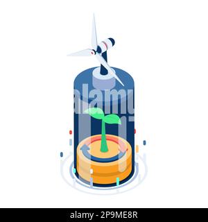 Flat 3d Isometric Battery Recharge with Green Plant and Wind Turbine. Renewable Energy Concept Stock Vector