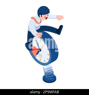 Flat 3d Isometric Business Riding on Clock with Spring. Time Management Concept. Stock Vector