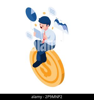 Flat 3d Isometric Businessman Analyze Business on Dollar Coin. Financial Analysis and Investment Concept. Stock Vector