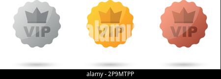 VIP badges icon in flat style. Gold, silver and bronze color vector illustration on isolated background. Premium luxury sign business concept. Stock Vector