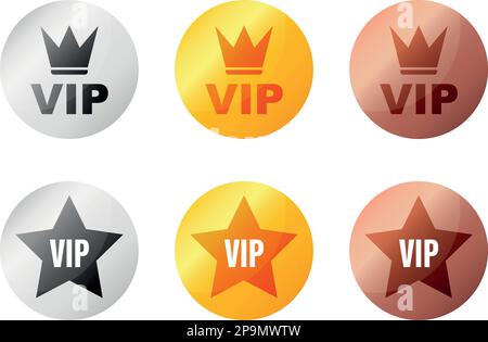 VIP badges icon in flat style. Gold, silver and bronze color vector illustration on isolated background. Premium luxury sign business concept. Stock Vector