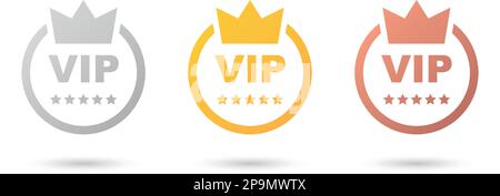 VIP badges icon in flat style. Gold, silver and bronze color vector illustration on isolated background. Premium luxury sign business concept. Stock Vector