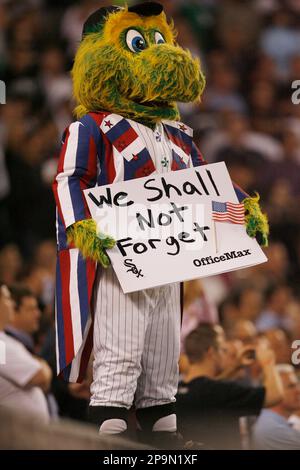 CHICAGO, IL- APRIL 9: Southpaw, the Chicago White Sox mascot entertains  fans in between innings during the game between the Tampa Bay Rays against  the Chicago White Sox at U.S. Cellular Field