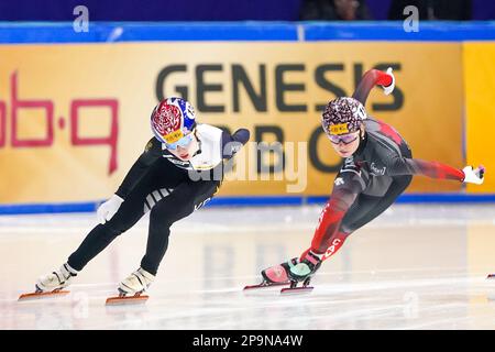 SEOUL, KOREA - MARCH 11: Gilli Kim of Korea and Claudia Gagnon of Canada competing on the Women's 1500m during the ISU World Short Track Speed Skating Championships at Mokdong Ice Rink on March 11, 2023 in Seoul, Korea (Photo by Andre Weening/Orange Pictures) Credit: Orange Pics BV/Alamy Live News Stock Photo