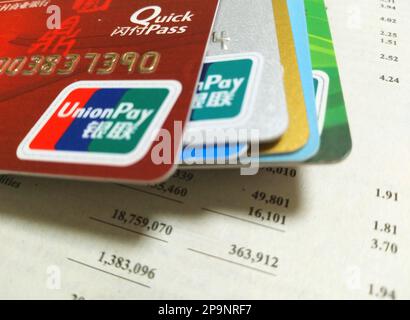 Suqian, China. 11th Mar, 2023. SUQIAN, CHINA - MARCH 11, 2023 - Photo taken on March 11, 2023 shows bank cards, Suqian, Jiangsu Province, China. Since the beginning of this year, the Bank of China, Hengfeng Bank and dozens of other banks announced that the long-term sleep credit card account security management work. (Photo by CFOTO/Sipa USA) Credit: Sipa US/Alamy Live News