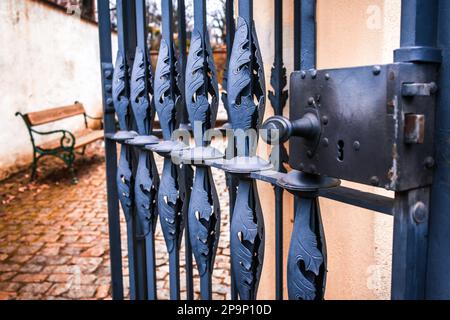 Detail of forged old iron gate - selective focus Stock Photo