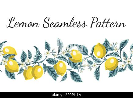 Tropical summer fruits seamless pattern. Citrus tree in hand drawn style. Vector fabric design with lemons and flowers Stock Vector