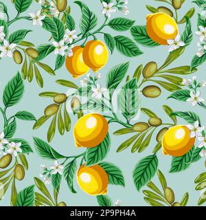 Beautiful seamless vector pattern with lemons and flowers. Abstract texture, branches of olives. Ideal for wallpapers, web page backgrounds, surface t Stock Vector