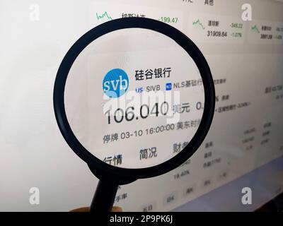 Suqian, China. 11th Mar, 2023. SUQIAN, CHINA - MARCH 11, 2023 - Illustration: Silicon Valley Bank Stock Market, March 11, 2023, Suqian, Jiangsu, China. Silicon Valley Bank collapsed and closed with $1.2 trillion in deposits. (Photo by CFOTO/Sipa USA) Credit: Sipa US/Alamy Live News