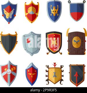 vector set illustration in cartoon style protected concept shields metal knightly Stock Vector