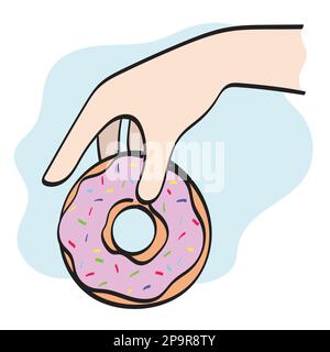 closeup hand holding strawberry donut illustration vector hand drawn isolated on white background line art. Stock Vector