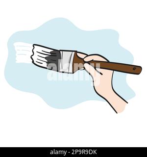 closeup hand using paintbrush illustration vector hand drawn isolated on white background line art. Stock Vector