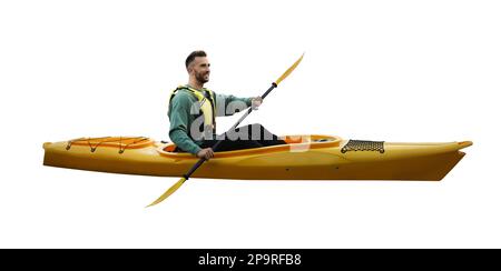 Man with paddle in kayak on white background Stock Photo