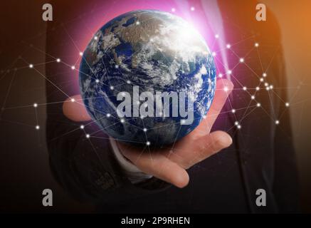 World in our hands. Man holding digital model of Earth, closeup view Stock Photo