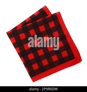 Folded red bandana with check pattern isolated on white, top view Stock Photo
