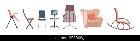 Set of different chairs. Concept of evolution of chairs on person life path. Baby feeding chair, office chair, rocking chair for pensioners. Vector Stock Vector