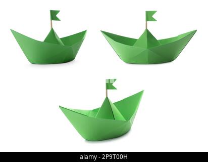 Green paper boats with flags on white background, collage Stock Photo