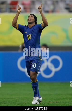 Brazil's Ronaldinho celebrates his second goal against New