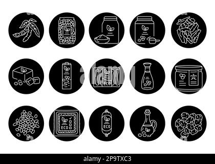 Soy products black line icons set. Vegeterian organic food. Stock Vector