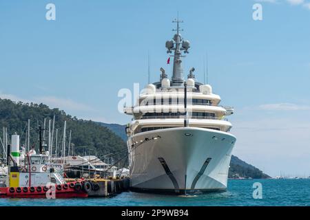 Marmaris, Turkey – March 23, 2022. M/Y Eclipse superyacht owned by Russian oligarch Roman Abramovich, in Netsel Marina port of Marmaris, Turkey. Built Stock Photo