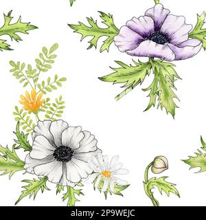 Anemone background. Watercolor seamless pattern with anemone flowers. A bouquet of anemones. Design for textiles, packaging and wallpaper. White Stock Photo