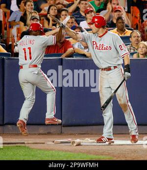 Philadelphia Phillies Shane Victorino slaps hands with Jimmy