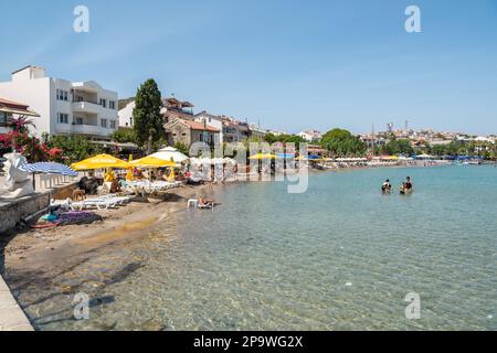 Datca, Mugla, Turkey – August 19, 2022. Kumluk Plaji beach in Datca, Turkey. The beach is popular with visiting tourists as it is tucked behind the ma Stock Photo