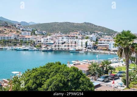 Datca, Mugla, Turkey – August 19, 2022. Waterfront in Datca resort town in Mugla, Turkey. View of Yat Limani Sokak street, with buildings, commercial Stock Photo