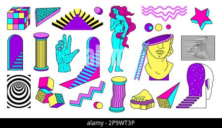 Cool sculpture stickers, statue elements. Crazy funny artwork, trippy and surreal pop art, fun collage, contemporary artwork, antique Greek elements. Vector bright abstract illustration collection Stock Vector