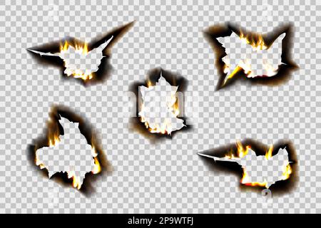 Realistic paper flame, circle burn. Cracking fire sheets, rough hole, burnt blanc edges, ripped frame, realistic border elements for decor isolated on transparent background. Vector realistic objects Stock Vector