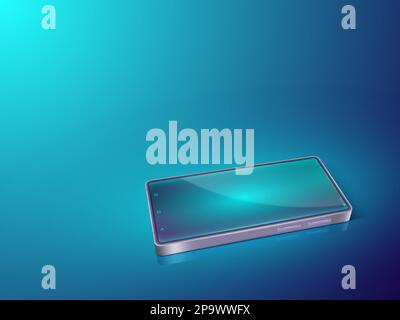 Smartphone on table. Digital blue phone. Mobile cellphone concept. Touch screen device in dark. Cellular technology. Gradient design. Telephone interface. Vector electronic presentation blank banner Stock Vector