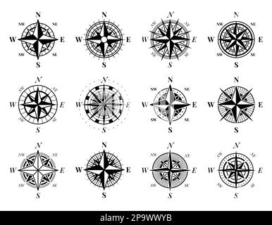 Compass old icons. Vintage nautical wind roses and navigation instrument. Cartography retro symbol. North map orientation. Black silhouette topography equipment. Vector travel direction pictograms set Stock Vector