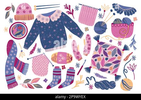 Winter knit. Wool sweater and scarf. Knitwear cloth objects like warm hat or socks Fluffy outerwear with woolen patterns. Handmade clothing. Embroidery and crochet hobby. Vector cartoon illustration Stock Vector