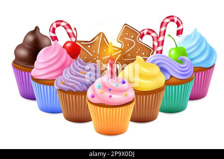 3d christmas cupcakes, dessert cups. Sweet birthday candle, bakery food composition, chocolate and vanilla, candy or pastry party. 3d isolated on white background elements. Vector horizontal poster Stock Vector
