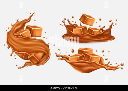 Toffee caramel in splash set, milk chocolate. Sweet candy cube in sugar syrup or dessert cream, 3d brown isolated piece. Swirl confectionery melting liquid with drops. Vector realistic illustration Stock Vector