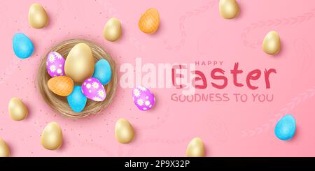 Happy easter eggs, april poster template. Spring table with cute holiday golden decorative elements in basket, green nest. Spring cards or banner. Vector 3d isolated decor, render pattern illustration Stock Vector