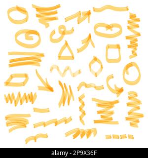 Marker swirls. Highlighter or felt pen drawing. Arrows and geometric shapes. Abstract marks. Doodle brush sketch. Line strokes. Heart symbol. Scribble brushstroke. Vector design yellow underlines set Stock Vector