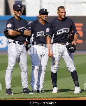 Derek Jeter, Carlos Guillen and Alex Rodriguez (R) smile at batting  practice before the 79th All Star Game at Yankee Stadium in New York City  on July 15, 2008. (UPI Photo/John Angelillo