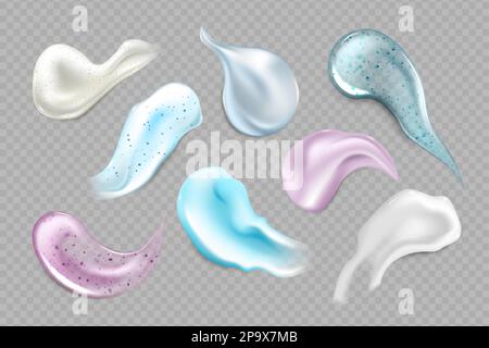 Transparent gel texture, realistic cream. Liquid drops of cosmetic product, different 3d smear or swatch for beauty skin. Face moisturizer or care mask, hair conditioner. Vector isolated illustration Stock Vector