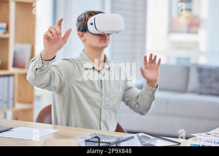 Vr, virtual reality and business man in office exploring metaverse with digital technology. 3d, cyber ai and male employee with futuristic headset for Stock Photo