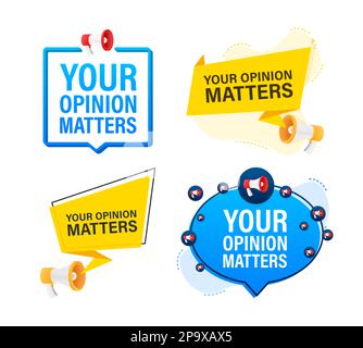 Megaphone label set with text your opinion matters. Megaphone in hand promotion banner. Marketing and advertising Stock Vector