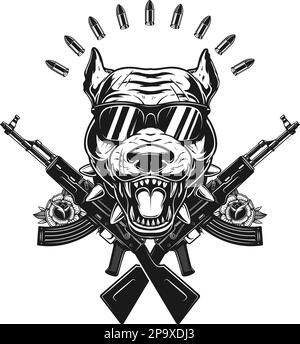 Angry dog head with crossed assault rifles. Design element for poster, emblem, sign. Vector illustration Stock Vector