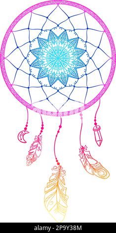 Hand drawn talisman dream catcher with mandala and feathers, Ethnic boho design element vector isolated on white Stock Vector